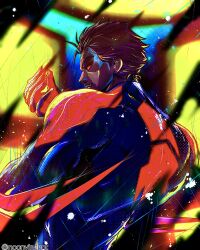 Rule 34 | 1boy, absurdres, arm blade, blue bodysuit, bodysuit, brown hair, cheekbones, clawed gauntlets, commentary, dark-skinned male, dark skin, dio brando&#039;s pose (jojo), english commentary, from behind, hair slicked back, highres, jojo pose, looking back, male focus, marvel, mature male, miguel o&#039;hara, muscular, muscular male, noonvincent, pectorals, red bodysuit, red eyes, short hair, skin tight, solo, spider-man: across the spider-verse, spider-man (2099), spider-man (series), spider-verse, thick eyebrows, two-tone bodysuit, upper body, weapon