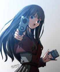 Rule 34 | 1girl, absurdres, alaska0812, artist name, black hair, blue ribbon, collared dress, commentary request, cowboy shot, dated, dress, fingernails, foreshortening, glint, gradient background, grey background, gun, handgun, hands up, highres, holding, holding gun, holding weapon, inoue takina, long hair, looking at viewer, lycoris recoil, multicolored dress, neck ribbon, open mouth, outstretched arm, pleated dress, purple eyes, ribbon, signature, solo, standing, straight hair, v-shaped eyebrows, weapon