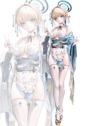 1girl absurdres alternate_costume apron bare_shoulders bikini black_choker blonde_hair blue_archive blue_eyes blue_hair blue_halo blue_kimono blue_ribbon blush braid breasts choker closed_mouth clothes_hanger collared_shirt commentary doodle_sensei_(blue_archive) dress_shirt eyepatch_bikini floral_print floral_print_kimono frilled_apron frills full_body furuming1 hair_ornament hair_ribbon hair_stick halo highres japanese_clothes kimono lanyard large_breasts long_sleeves looking_at_viewer multicolored_hair obi off_shoulder okobo pelvic_curtain platform_sandals pom_pom_(clothes) print_kimono ribbon sandals sash sensei_(blue_archive) shirt short_hair short_kimono standing streaked_hair swimsuit thighhighs toki_(blue_archive) v waist_apron white_apron white_background white_bikini white_shirt white_thighhighs wide_sleeves zoom_layer