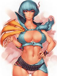 1girl animification blue_hair bracelet breasts cameltoe character_request cleavage covered_erect_nipples denji_sentai_megaranger female_focus fumio_(rsqkr) gluteal_fold grey_eyes hip_focus jewelry large_breasts lips looking_at_viewer navel short_hair solo super_sentai thighs