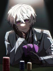 1boy black_gloves card eipenor gloves hair_between_eyes highres holding holding_card limbus_company looking_at_viewer male_focus poker_chip poker_table project_moon purple_eyes short_hair smile solo sonya_(project_moon) table white_hair