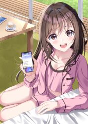 1girl absurdres blush breast_pocket breasts brown_eyes brown_hair buttons cellphone choppy_bangs cleavage collarbone commentary_request crop_top cropped_shirt cup fingernails full_body hair_over_shoulder half_updo hand_up highres holding holding_phone hominotsu indoors jacket large_breasts long_hair long_sidelocks long_sleeves looking_at_viewer on_floor open_clothes open_jacket open_mouth original phone pink_jacket pink_shirt pink_shorts plate pocket pov rug shirt short_shorts shorts sidelocks sitting smartphone smile solo spoon sunlight swept_bangs table teacup window window_shadow wooden_floor wooden_table yokozuwari