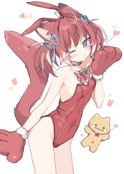 1girl akami_karubi animal_ears animal_hands blush cat_ears cat_girl commentary crazy_raccoon fake_animal_ears gloves hashtag-only_commentary heart highres leotard looking_at_viewer medium_hair multicolored_hair one_eye_closed paw_gloves playboy_bunny rabbit_ears red_hair red_leotard sentouryoku_5 simple_background smile solo streaked_hair symbol-only_commentary tail twintails virtual_youtuber white_background yellow_eyes
