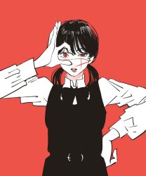 1girl black_dress black_hair chainsaw_man collared_shirt dress hand_on_own_hip hand_up highres long_sleeves looking_at_viewer low_twintails medium_hair multiple_scars needbee_r ok_sign ok_sign_over_eye parted_lips pinafore_dress pink_lips red_background red_eyes ringed_eyes scar scar_on_face shirt simple_background sleeve_cuffs sleeveless sleeveless_dress solo twintails uneven_eyes white_shirt yoru_(chainsaw_man)