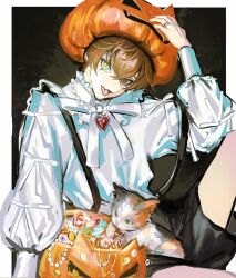 Rule 34 | 1boy, adjusting clothes, adjusting headwear, alban knox, bare legs, black background, black shorts, brown eyes, calico, candy, cat, fang, food, halloween bucket, hand on ground, heart, heart necklace, heterochromia, highres, jewelry, long sleeves, looking at viewer, neck ribbon, necklace, nijisanji, nijisanji en, open mouth, orange headwear, pearl (pe4rrrrrl), pumpkin hat, ribbon, ring, shirt, short hair, short shorts, shorts, simple background, sitting, solo, tongue, two-tone background, virtual youtuber, white background, white shirt, yellow eyes