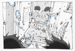 2boys bathroom border brothers brushing_teeth calendar_(object) closed_eyes dutch_angle eokonuzu faucet floating floating_object hair_dryer hands_up holding holding_toothbrush index_finger_raised indoors kageyama_ritsu kageyama_shigeo levitation long_sleeves looking_at_another male_focus messy_hair mirror mob_psycho_100 monochrome multiple_boys out_of_frame pajamas psychic reflection short_hair siblings sideways_glance sink sleepy spot_color toothbrush toothbrush_in_mouth toothpaste towel_rack window_blinds