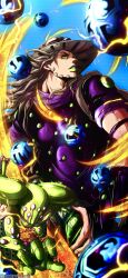 1boy 1other absurdres araki_hirohiko_(style) ball ball_breaker_(stand) beard belt_buckle bridal_gauntlets brown_hair brown_hat buckle colored_skin commentary cowboy_hat electricity english_commentary extra_eyes facial_hair green_eyes green_lips green_skin gyro_zeppeli hat highres jojo_no_kimyou_na_bouken long_hair makeup male_focus noonvincent pink_eyes purple_bridal_gauntlets purple_shirt shirt short_sleeves solo stand_(jojo) steel_ball_(jojo) steel_ball_run