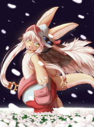 1other :3 animal_ears animal_feet animal_hands blush blush_stickers body_fur brown_eyes brown_fur colored_eyelashes fake_horns fang field flower flower_field from_side furry green_eyes happy helmet highres horizontal_pupils horned_headwear horns horokusa_(korai) leg_up light_blush long_hair looking_back made_in_abyss multicolored_eyes multicolored_headwear multicolored_pants nanachi_(made_in_abyss) open_mouth other_focus outdoors pants pawpads petals pouch puffy_pants sidelocks smile solo standing standing_on_one_leg tail topless_other two-tone_fur very_long_hair walking whiskers white_flower white_fur white_hair