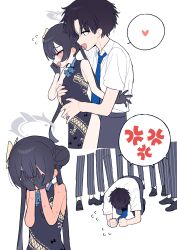 1boy 1girl absurdres angry bare_shoulders black_dress black_gloves black_hair blue_archive blue_eyes blue_necktie blush butterfly_hair_ornament china_dress chinese_clothes collared_shirt commentary couple covering_face dogeza double_bun dragon_print dress full-body_blush gloves grey_eyes grey_halo grey_pants hair_bun hair_ornament halo heart hetero highres je_o_mo kisaki_(blue_archive) long_hair necktie pants pelvic_curtain print_dress sensei_(blue_archive) shirt short_hair simple_background sleeveless sleeveless_dress surprised sweat sweatdrop tearing_up white_background white_shirt