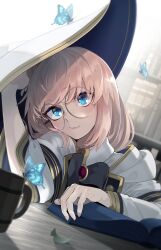 1girl absurdres aesc_(fate) aesc_(rain_witch)_(fate) blue_butterfly blue_eyes bookshelf bug butterfly fate/grand_order fate_(series) hat head_on_own_shoulder highres insect leaf leaning_on_table library long_sleeves pink_hair robe round_eyewear shot_(shot0598) solo table white_hat wooden_cup