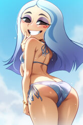 1girl andrea_davenport ass bikini blue_bikini blue_hair blue_sky bracelet breasts brown_eyes cloud cowboy_shot eyeshadow freckles from_behind grin jcm2 jewelry light_blue_hair light_blush long_hair looking_at_viewer looking_back makeup multicolored_hair outdoors purple_eyeshadow sky small_breasts smile solo streaked_hair sweat swimsuit the_ghost_and_molly_mcgee