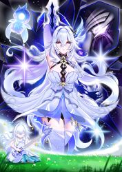 Rule 34 | 2girls, absurdres, arm behind head, arm up, armpits, blue thighhighs, breasts, cleavage, closed eyes, closed mouth, dress, dual persona, genshin impact, guitar, hair between eyes, hair ornament, highres, holding, holding guitar, holding instrument, instrument, large breasts, long hair, multiple girls, music, nlk, playing guitar, playing instrument, red eyes, skirk (genshin impact), sleeveless, sleeveless dress, thighhighs, thighs, very long hair, white dress, white hair
