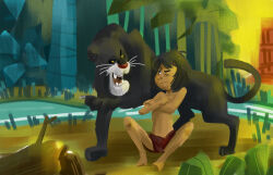 2boys all_fours animal_ears bagheera black_eyes black_hair colored_sclera disney galgard jungle log mowgli multiple_boys nature one_eye_closed panther_ears panther_tail river tail the_jungle_book tree yellow_sclera