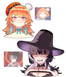 2girls absurdres black_choker black_dress black_hair black_hat breasts chef_hat choker cleavage dress earrings fangs feather_earrings feathers grey_hair hat highres hololive hololive_english jewelry large_breasts long_hair multicolored_hair multiple_girls multiple_hats open_mouth orange_hair orange_hat purple_eyes screenshot_inset shioni_nath shiori_novella shiori_novella_(1st_costume) split-color_hair takanashi_kiara teeth two-tone_hair upper_teeth_only virtual_youtuber witch_hat yellow_eyes