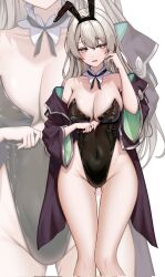 Rule 34 | 1girl, animal ears, bare shoulders, black leotard, black ribbon, blush, breasts, collarbone, covered navel, detached collar, fake animal ears, feet out of frame, firefly (honkai: star rail), grey hair, highleg, highleg leotard, highres, honkai: star rail, honkai (series), jacket, kushinaka, large breasts, leotard, long hair, long sleeves, looking at viewer, neck ribbon, open clothes, open jacket, open mouth, playboy bunny, purple eyes, rabbit ears, ribbon, simple background, solo, standing, strapless, strapless leotard, white background, zoom layer