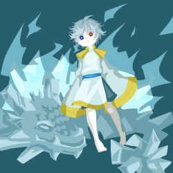 1boy barefoot blue_background blue_eyes blue_hair closed_mouth commentary_request doroidsan full_body heterochromia ktullanux looking_at_viewer male_focus no_lineart pope&#039;s_brother_(ragnarok_online) ragnarok_online red_eyes robe short_hair simple_background sleeves_past_fingers sleeves_past_wrists solo white_robe