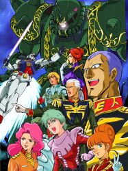 Rule 34 | 3boys, 4girls, aina saharin, anavel gato, armor, bernard wiseman, black capelet, blonde hair, blunt bangs, bodysuit, breasts, brown hair, capelet, cecilia irene, closed mouth, commentary, dokite tsukasa, energy sword, epaulettes, gihren zabi, gloves, glowing, glowing eyes, green eyes, green hair, gundam, gundam 0080, gundam 0083, gundam 08th ms team, gundam gihren no yabou, hand up, heart, helmet, high collar, highres, holding, holding sword, holding unworn helmet, holding weapon, interlocked fingers, jacket, kuzco al, kycilia zabi, lipstick, long hair, looking at viewer, low ponytail, makeup, mecha, mecha pilot suit, medium breasts, military, military uniform, mobile suit gundam, multiple boys, multiple girls, official art, one-eyed, one eye closed, open mouth, orange hair, orange jacket, own hands together, pink hair, pink lips, pointing, ponytail, purple hair, purple shirt, red bodysuit, red lips, robot, rx-78-2 gundam, scan, science fiction, shirt, short hair, shoulder armor, smile, space, sword, translated, unworn headwear, unworn helmet, v, very short hair, wavy hair, weapon, white eyes, white gloves, white hair, yellow eyes, zaku ii, zaku ii f dozle zabi custom, zeon