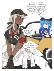 2girls amemiya_darumi black_bow black_gloves black_hair black_hat blonde_hair blue_hair bow car ccofffee_apk collar crop_top dark-skinned_female dark_skin driving ear_piercing fingerless_gloves gloves hat heart kawana_tsubasa long_sleeves looking_at_another looking_back motor_vehicle multicolored_hair multiple_girls one_eye_closed pants piercing pink_eyes ponytail red_collar safety_pin shirt short_sleeves sitting sitting_on_table striped_clothes striped_shirt the_hundred_line_-last_defense_academy- twintails white_background white_pants yellow_car yuri