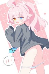 1girl ahoge ass blue_archive blush bottomless corrupted_twitter_file flying_sweatdrops grey_sweater halo heart heterochromia highres hoshino_(blue_archive) loli long_sleeves necktie open_mouth panties panty_pull pink_background pink_hair ponytail simple_background sleeves_past_fingers sleeves_past_wrists solo speech_bubble spoken_blush sweater ttriwk underwear white_background white_panties