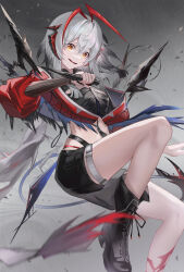 1girl absurdres antennae arknights black_boots black_shorts boots crop_top cropped_jacket dagger demon_horns demon_tail feet_out_of_frame grey_background grey_hair highleg highleg_panties highres holding holding_dagger holding_knife holding_weapon horns jacket knife looking_at_viewer midriff navel orange_eyes panties red_jacket shorts smirk solo tail thighs underwear w_(arknights) weapon wis&#039;adel_(arknights) wumimiao
