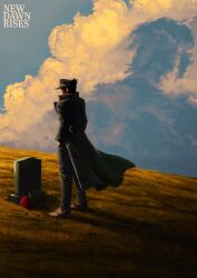 Rule 34 | 1boy, black coat, black hair, black hat, black pants, blue sky, cloud, cloudy sky, coat, commentary, english commentary, english text, field, flower, from behind, gakuran, grave, graveyard, hands in pockets, hat, highres, jojo no kimyou na bouken, kakyoin noriaki, kuujou joutarou, long coat, male focus, newdawnrises, outdoors, pants, red flower, rose, school uniform, shoes, silhouette, sky, solo, standing, stardust crusaders, tombstone, wide shot