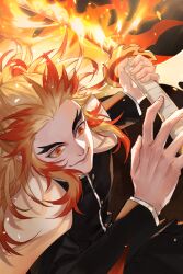 1boy black_jacket blonde_hair closed_mouth commentary_request embers fingernails fire flaming_sword flaming_weapon highres jacket kimetsu_no_yaiba long_hair long_sleeves male_focus rami_rz rengoku_kyoujurou solo upper_body