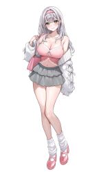 1girl alternate_costume alternate_hair_length alternate_hairstyle bag bare_shoulders blush breasts camisole cleavage closed_mouth collarbone commentary_request full_body green_eyes grey_hair grey_skirt hair_intakes hairband highres holika_baby hololive jacket large_breasts layered_skirt long_hair looking_at_viewer miniskirt navel off_shoulder open_clothes open_jacket pink_bag pink_camisole pink_hairband pink_shoes shirogane_noel shoes shoulder_bag simple_background skirt smile socks solo standing virtual_youtuber white_background white_jacket white_socks