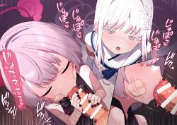 1boy 2girls bandaged_arm bandages bar_censor black_nails blue_archive censored commentary_request fellatio gauze gauze_on_cheek grey_eyes grey_hair halo hetero highres loli long_hair looking_at_viewer multiple_girls multiple_views nagusa_(blue_archive) nail_polish open_mouth oral paid_reward_available penis penis_grab pov pov_crotch purple_eyes purple_halo robo_mikan shuro_(blue_archive) sound_effects thick_eyelashes tongue tongue_out variant_set white_hair