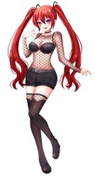 @_@ absurdres background_removed belt blush bow bra breasts choker creator_erin fangs findom fishnet_legwear fishnet_top fishnets full_body goth_fashion highres hypnosis jewelry leggings legs medium_breasts mind_control necklace open_mouth pale_skin petite ponytail purple_eyes red_hair shorts smug spiral underwear