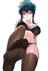 1girl absurdres blue_eyes blush bra feet highres long_hair looking_at_viewer panties pov rsal_dossaya see-through_clothes see-through_legwear soles thighhighs toes underwear
