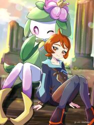 1girl arezu_(pokemon) artist_name blue_sky bright_pupils closed_mouth cloud colored_skin commentary_request crown flower full_body green_hair hair_flower hair_ornament highres hisuian_lilligant nintendo one_eye_closed pillar pokemon pokemon_(creature) pokemon_legends:_arceus purple_eyes red_eyes red_hair saki_pokeoekaki short_hair sitting sky smile stairs sunlight twitter_username white_pupils white_skin