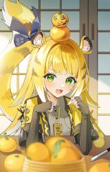 1girl :d absurdres animal_ear_fluff animal_ears black_gloves blonde_hair blue_bow blurry blurry_foreground blush bow breast_pocket colored_inner_hair commentary elbow_gloves fangs fingerless_gloves food food_on_head fruit fruit_on_head gloves green_eyes grey_shirt hair_intakes hands_up highres jacket jewelry ju_fufu long_hair looking_at_viewer multicolored_hair necklace object_on_head open_mouth orange_(fruit) pocket prock shirt short_sleeves smile solo striped_hair striped_tail swept_bangs tail tail_bow tail_ornament tiger_ears tiger_girl tiger_stripes tiger_tail white_hair yellow_jacket zenless_zone_zero