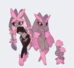 3girls alternate_color animal_ears animal_nose black_sclera black_shirt body_fur breasts brown_fur buneary colored_sclera full_body furry furry_female gen_4_pokemon highres looking_at_viewer lopunny masayo_(skip) mega_lopunny mega_pokemon multiple_girls nintendo pink_fur pokemon pokemon_(creature) rabbit_ears rabbit_girl rabbit_tail shiny_pokemon shirt simple_background small_breasts standing tail two-tone_fur underboob white_background