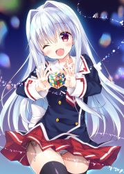 Rule 34 | 1girl, black thighhighs, bow, commentary request, cube x cursed x curious, fang, fear kubrick, female focus, heart, heart hands, long hair, one eye closed, panties, pleated skirt, red eyes, rubik&#039;s cube, sasorigatame, school uniform, side-tie panties, silver hair, skirt, solo, striped clothes, striped panties, thighhighs, underwear