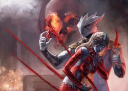 1boy 1girl baldur&#039;s_gate baldur&#039;s_gate_3 blonde_hair blood blood_from_mouth blood_on_hands bodysuit brother_and_sister cowboy_shot dagger detached_sleeves dragon_boy dragon_horns dragonborn_(d&amp;d) dungeons_&amp;_dragons dungeons_&amp;_dragons furry furry_male gem highres holding holding_dagger holding_gem holding_knife holding_weapon horns impaled injury knife long_hair orin_the_red red_bodysuit red_eyes siblings skull skyorange the_dark_urge_(baldur&#039;s_gate) weapon white_eyes