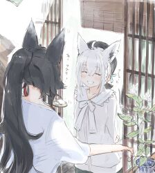 2girls absurdres ahoge animal_ears arms_behind_back black_hair black_hat blush bow bowtie braid closed_eyes commentary_request cropped day entrance facing_another flower fox_ears fox_girl from_side hair_ribbon hat highres hololive long_hair loose_clothes loose_shirt multiple_girls ookami_mio plant ponytail potted_plant ribbon shirakami_fubuki shirt shouji slice_of_life sliding_doors smile soutanookiba sunlight t-shirt translation_request virtual_youtuber white_bow white_bowtie white_hair white_shirt wolf_ears wolf_girl wooden_floor