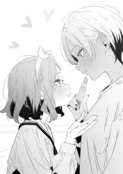 2girls applying_lipstick applying_makeup blush closed_mouth commentary earrings ebizuka_tomo eye_contact girls_band_cry greyscale heart height_difference highres jewelry long_sleeves looking_at_another lwmina70119 mole mole_under_eye monochrome multiple_girls rupa_(girls_band_cry) short_hair yuri