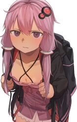 1girl arogonko backpack bag black_bag black_jacket blush breasts cleavage closed_mouth collarbone criss-cross_halter dress hair_bra halter_dress halterneck highres holding holding_bag jacket leaning_forward light_blush looking_at_viewer medium_breasts purple_dress short_dress short_hair_with_long_locks simple_background solo transparent_background vocaloid voiceroid yuzuki_yukari