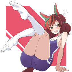 1girl animal_ears blush breasts brown_eyes commentary_request horse_ears horse_tail kneehighs looking_at_viewer medium_breasts medium_hair nel-c nice_nature_(umamusume) no_shoes open_mouth red_hair school_swimsuit simple_background socks soles solo swimsuit tail umamusume white_socks