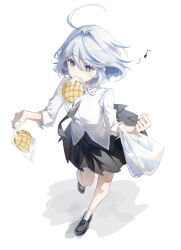 Rule 34 | 1girl, absurdres, ahoge, alternate costume, bag, black footwear, black necktie, black skirt, blue eyes, bread, food, full body, furina (genshin impact), genshin impact, haru same322, heterochromia, highres, holding, legs, light blush, melon bread, multicolored hair, necktie, shadow, shirt, shopping bag, short hair, sidelocks, simple background, skirt, smile, socks, solo, streaked hair, two-tone hair, white background, white shirt, white socks