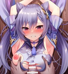 Rule 34 | 1boy, 1girl, akine (kuroyuri), armpits, arms up, bar censor, blush, braid, braided bangs, breasts, censored, commentary request, cone hair bun, detached sleeves, dress, frilled dress, frills, genshin impact, grabbing another&#039;s breast, groping, hair bun, hetero, highres, keqing (genshin impact), long hair, lying, medium breasts, nipples, on back, paizuri, paizuri under clothes, penis, pink eyes, pov, pov hands, purple dress, purple hair, solo focus, straddling, straddling paizuri, swept bangs, torn clothes, torn dress, twintails, wooden floor