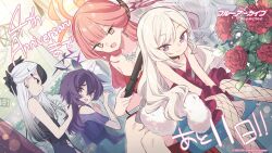 4girls aru_(blue_archive) aru_(dress)_(blue_archive) black_dress blue_archive dress english_text flower halo haruka_(blue_archive) haruka_(dress)_(blue_archive) horns kayoko_(blue_archive) kayoko_(dress)_(blue_archive) long_hair multicolored_hair multiple_girls mutsuki_(blue_archive) mutsuki_(dress)_(blue_archive) nogiwa_kaede official_art purple_dress purple_hair red_dress rose sitting twitter two-tone_hair white_hair