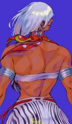 1girl absurdres armlet back back_muscles bare_shoulders breasts dark-skinned_female dark_skin earrings elena_(street_fighter) facing_away from_behind happy highres hoop_earrings jewelry large_breasts median_furrow medium_hair muscular muscular_female red_scarf relusionh scarf short_hair smile solo stomach strapless street_fighter street_fighter_6 tube_top very_dark_skin white_hair