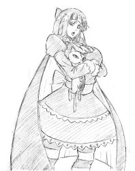 Rule 34 | 1girl, blunt bangs, bow, breasts, colored inner hair, dress, gothic lolita, greyscale, hair bow, holding, holding stuffed toy, honekoneko (psg), kubo tite (style), large breasts, lolita fashion, long hair, looking at viewer, monochrome, multicolored hair, open mouth, panty &amp; stocking with garterbelt, rakusakugk, simple background, sketch, smile, solo, stocking (psg), striped clothes, striped leggings, striped thighhighs, stuffed animal, stuffed cat, stuffed toy, thighhighs, two-tone hair, white background