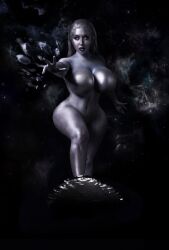 1girl bishoujomom bodypaint breasts cosplay curvy fantastic_four flying grey_hair highres large_breasts long_hair looking_ahead makeup marvel marvel_cinematic_universe parted_lips photo_(medium) real_life revealing_clothes shiny_skin silver_surfer_(shalla-bal) silver_surfer_(shalla-bal)_(cosplay) space standing surfboard wide_hips