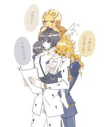 4boys black_hair blonde_hair blue_eyes bob_cut bowl_cut braid bruno_bucciarati child giorno_giovanna gold_experience hair_ornament haruno_shiobana highres holding holding_paper holding_person hug jojo_no_kimyou_na_bouken luminous_slime multiple_boys paper papers socks speech_bubble stand_(jojo) suspenders sweat thought_bubble translated vento_aureo white_socks wings zipper zipper_pull_tab