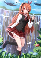 10s 1girl akame_ga_kill! bird blurry blush boots breasts brown_hair candy chelsea_(akame_ga_kill!) cloud day depth_of_field female_focus food headphones highres kazenokaze leg_up legs lens_flare lollipop long_hair looking_at_viewer manta_ray miniskirt mouth_hold orange_hair pink_eyes plaid_clothes plaid_skirt red_eyes ribbon shirt skirt sky smile solo standing thighs v very_long_hair vest water waterfall