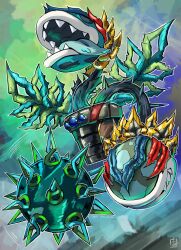 absurdres alternate_color alternate_costume alternate_form armor aura blue_gemstone chest_jewel corruption crossover dark_persona double_helix evil_smile facial_tattoo fierce_deity flying gem glowing hal_laboratory highres leaf looking_to_the_side mario_(series) nintendo of_zelda:_majora&#039;s_mask open_mouth piranha_plant plant possessed possession potted_plant sharp_teeth smile spike_ball spikes stoic_seraphim super_mario_bros._1 super_smash_bros. tattoo teeth the_legend_ the_legend_of_zelda tongue tongue_out