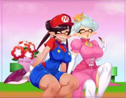 2girls :o ;d arm_support black_hair blue_overalls blue_shorts bow-shaped_hair breasts callie_(splatoon) corset cosplay cowboy_shot crown curvy dress elbow_gloves eye_mask fangs gloves gradient_hair hat heart jewelry knees large_breasts lipstick little123blood long_hair long_pointy_ears makeup marie_(splatoon) mario mario_(cosplay) mario_(series) multicolored_hair multiple_girls nintendo one_eye_closed open_mouth overalls pale_skin pink_dress pointy_ears princess_peach princess_peach_(cosplay) puffy_short_sleeves puffy_sleeves red_hat red_shirt shirt short_eyebrows short_shorts short_sleeves shorts sitting skin_tight skindentation smile splatoon_(series) spotted_hair star-shaped_pupils star_(symbol) suction_cups swept_bangs symbol-shaped_pupils tentacle_hair thick_eyebrows thighhighs twintails two-tone_hair very_long_hair white_gloves white_hair white_thighhighs wide_hips yellow_eyes yellow_pupils