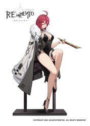 1girl ahoge artnis_(rememento) bare_legs black_dress black_gloves black_shoes breasts coat coat_on_shoulders copyright_name copyright_notice crossed_bangs dress elbow_gloves folded_fan folding_fan full_body fur-trimmed_coat fur_trim gloves hair_between_eyes hand_fan high_heels highres holding holding_fan large_breasts logo long_dress long_hair official_art pelvic_curtain plunging_neckline red_hair rememento:_white_shadow shoes single_glove sitting solo tachi-e thigh_strap white_background white_coat